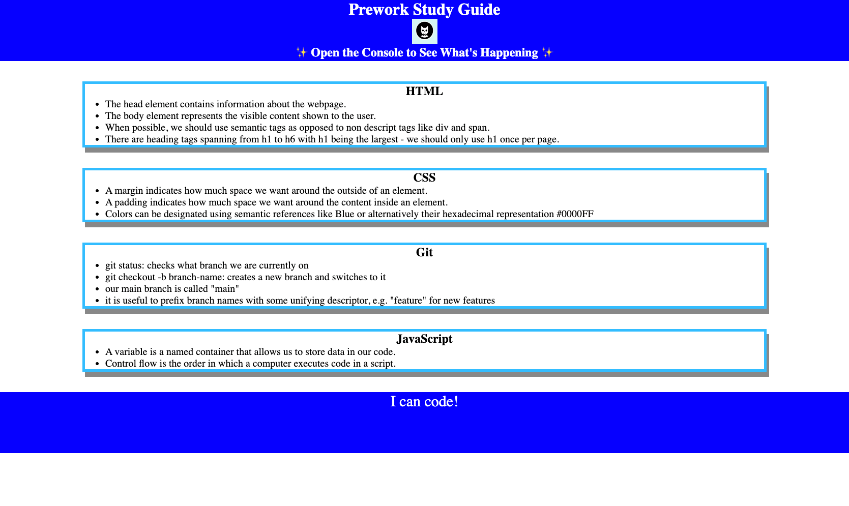 Screenshot of Prework Study Guide