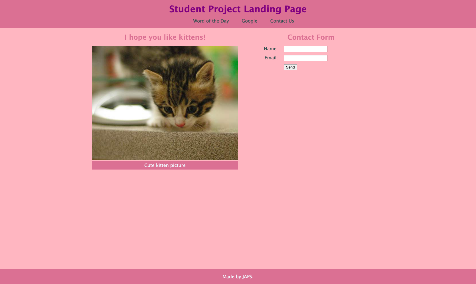 Screenshot of Student Landing Page